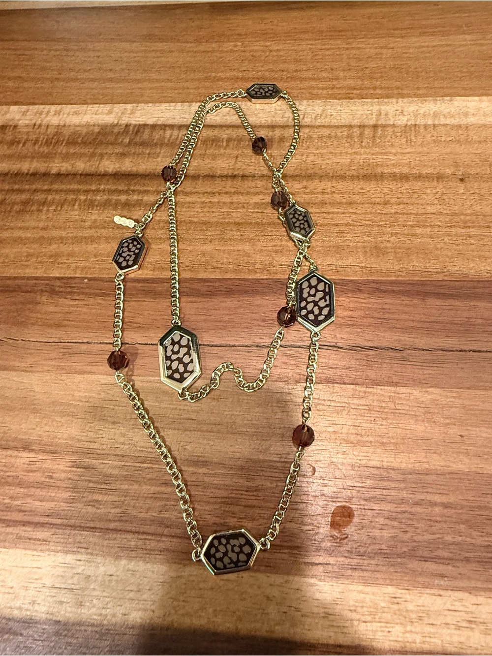 Gold-Tone Long Necklace with Brown Hexagon Accents